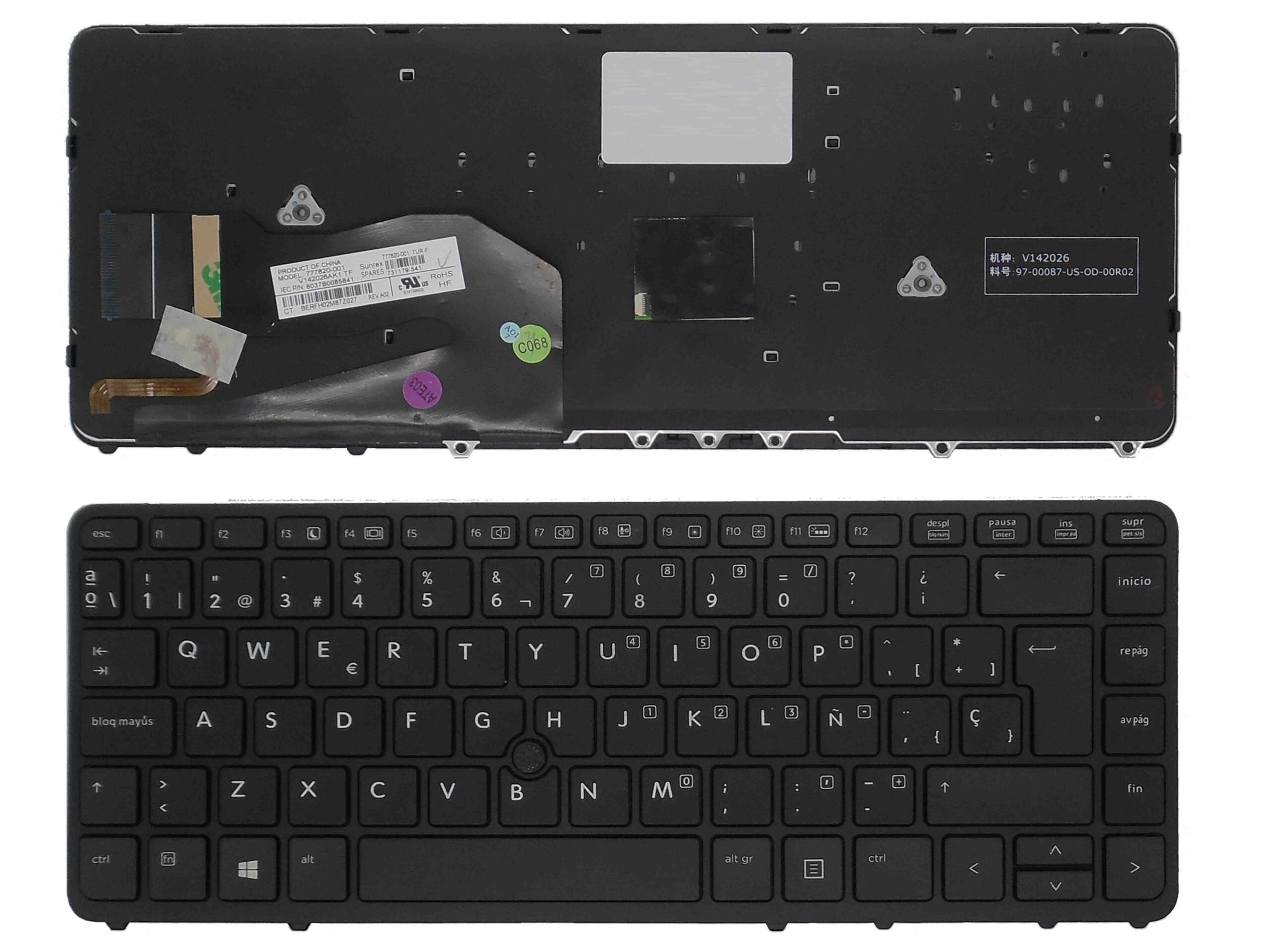 Teclado Espanhol Retroiluminado com Ponteiro para Portátil HP EliteBook 840 G1/G2, 850 G1 Series - PN 730794-071