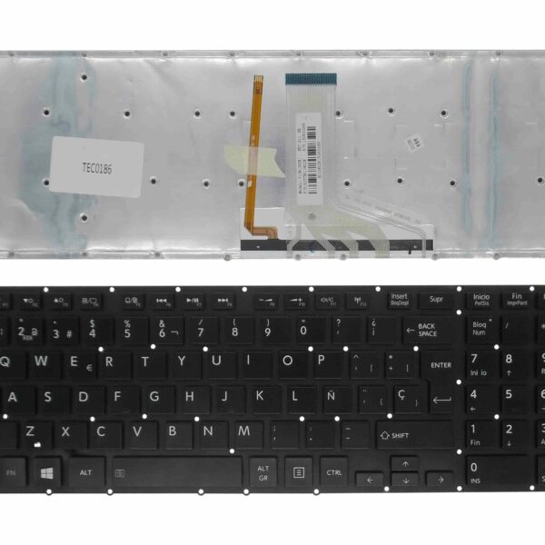 Teclado Espanhol Retroiluminado para Portátil Toshiba Satellite P55, P50, P70 Series - Preto, Sem Moldura