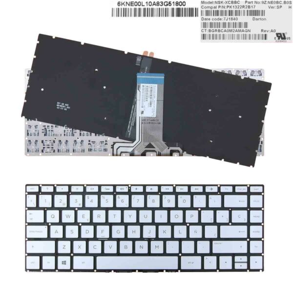 Teclado Retroiluminado para Portátil HP Pavilion 14-BS Série - Prata, Sem Moldura, Espanhol