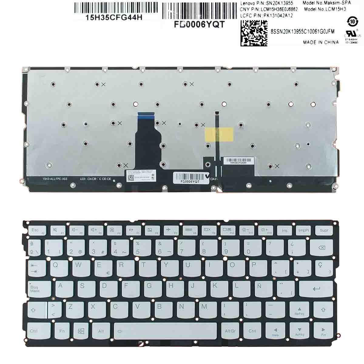 Teclado Retroiluminado para Portátil Lenovo IdeaPad Air 12 Yoga 900S-12ISK Prata sem Moldura