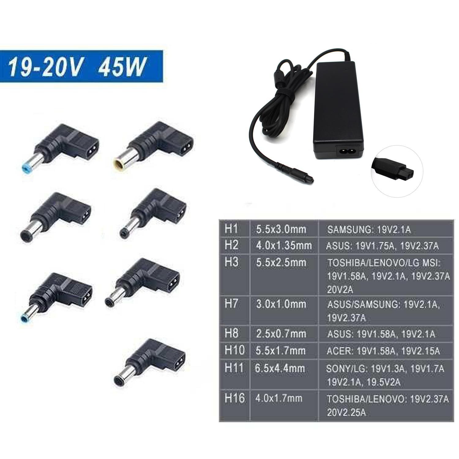 Carregador Universal para Portáteis 19-20V 45W com 8 Conectores