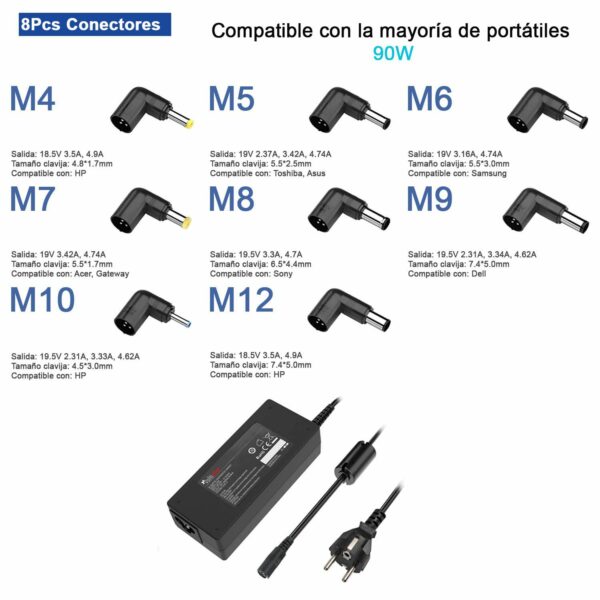 Carregador Universal Slim para Portáteis 19-20V 90W - 8 Conectores Compatíveis