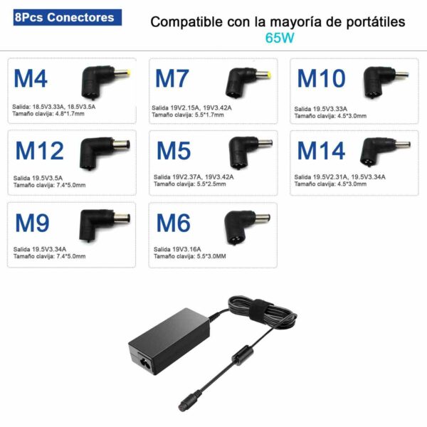 Carregador Universal para Portáteis 15-20V 65W - 10 Conectores