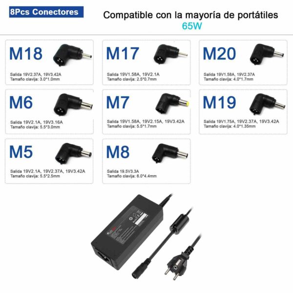 Carregador Universal para Portáteis 15-20V 65W com 10 Conectores - Compatível Toshiba Asus Samsung HP Sony