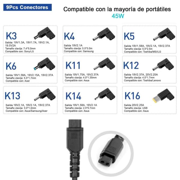 Carregador Universal de Parede Ultra Portátil 45W com 9 Conectores - Compatível com Sony, Samsung, Toshiba, Asus, Lenovo e mais
