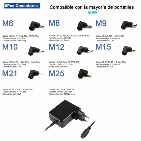 Carregador Universal para Portátil 90W Ultra Portátil com 8 Conectores