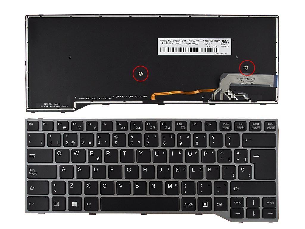 Teclado Retroiluminado Espanhol para Portátil Fujitsu LifeBook E73X E74X E54X Series - Preto Com Moldura