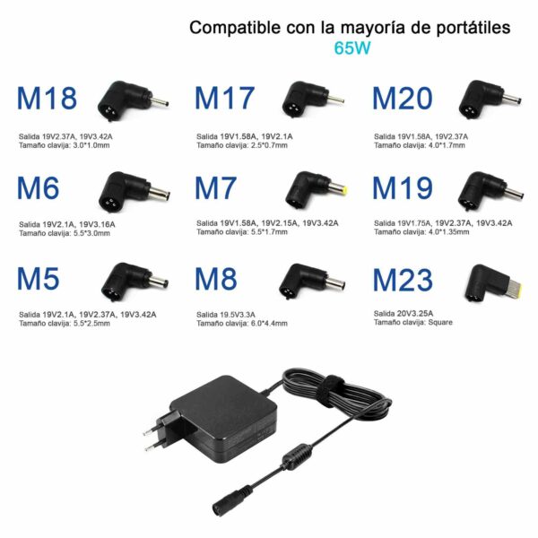 Carregador Universal para Portáteis 15/20V 65W com 10 Conectores - Compatível com Toshiba, Asus, Samsung, Acer, Sony, HP, Dell, Lenovo