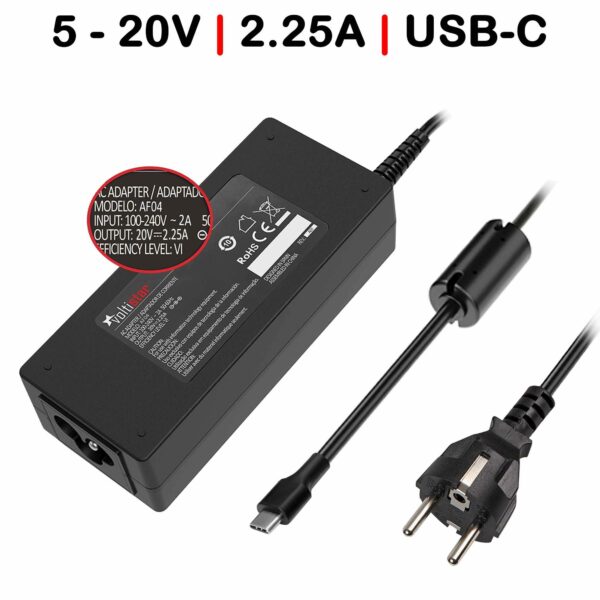Carregador Multitensão USB-C para Portátil 5V-20V 2.25A 45W Preto - Compatível com Asus, Lenovo, HP, Dell, MacBook e Mais