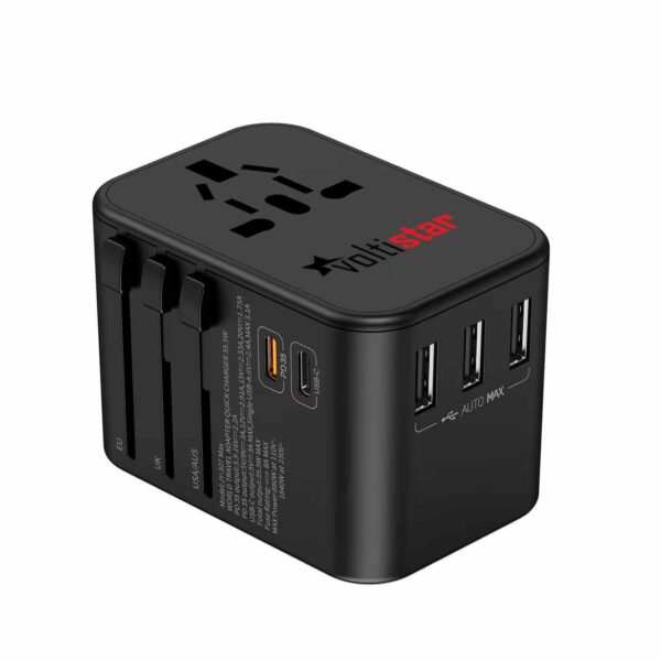 Adaptador de Viagem Universal Voltistar HHT906 | Carregador Rápido PD 35.5W | 3 USB + 2 USB-C | Fichas EUA, UK, EU, AU