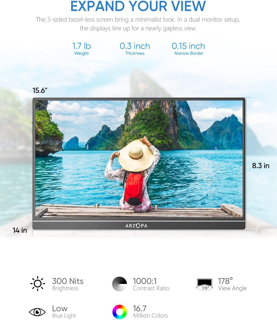 Monitor Portátil ARZOPA A1 GAMUT 15.6" FHD IPS HDMI USB-C para PC, Mac, PS5, Switch - Image 2