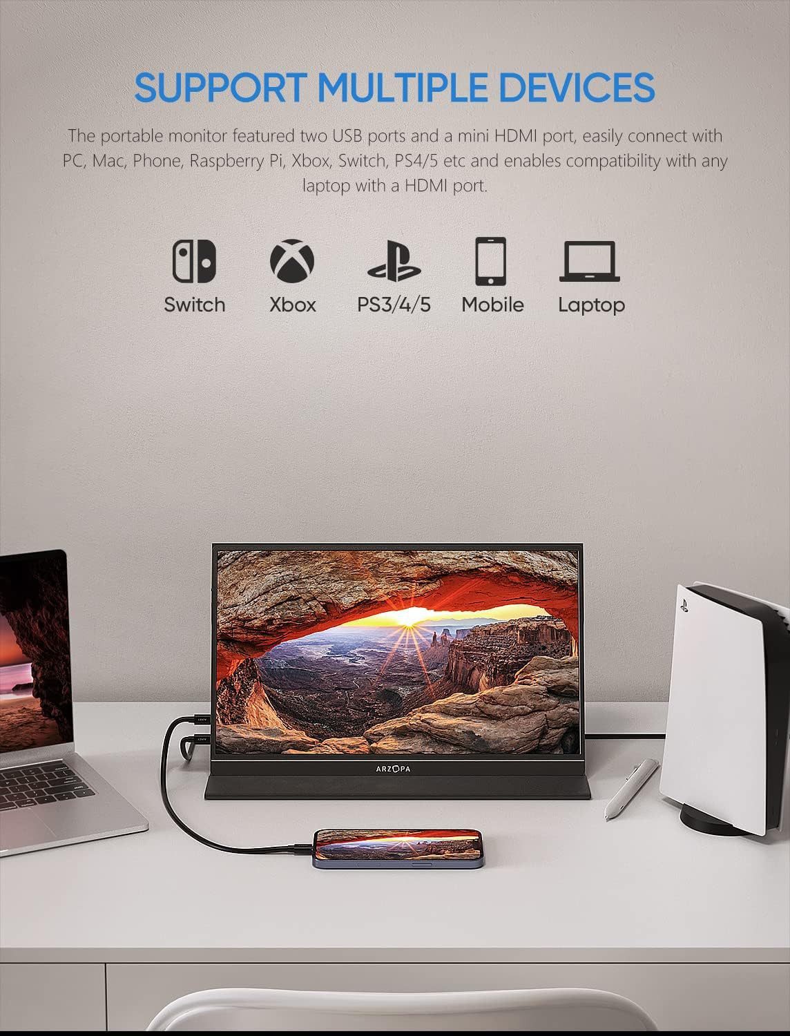 Monitor Portátil ARZOPA A1 GAMUT 15.6" FHD IPS HDMI USB-C para PC, Mac, PS5, Switch - Image 4