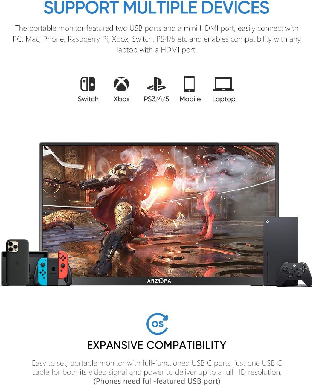 Monitor Portátil ARZOPA A1 GAMUT SLIM 14" FHD IPS HDMI USB-C para PC, Mac, Consolas e Smartphones - Image 4