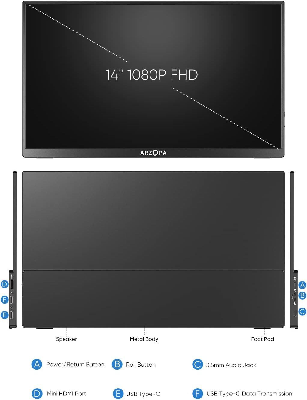 Monitor Portátil ARZOPA A1 GAMUT SLIM 14" FHD IPS HDMI USB-C para PC, Mac, Consolas e Smartphones - Image 5