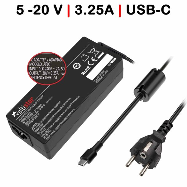 Carregador USB-C Multivoltagem Portátil 5V-20V 3.25A 65W Preto - Compatível com Apple, Dell, Lenovo, HP, Acer, ASUSPRO, Honor, Dynabook