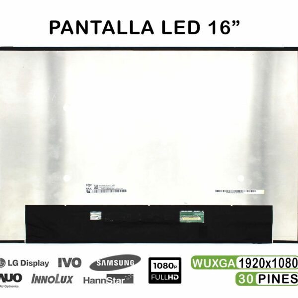 Ecrã LED 16" FHD 30 Pinos para Portátil - LP160WU1-SPF1, NV160WUM-N43 V8.0, NV160WUM-N41 V8.1