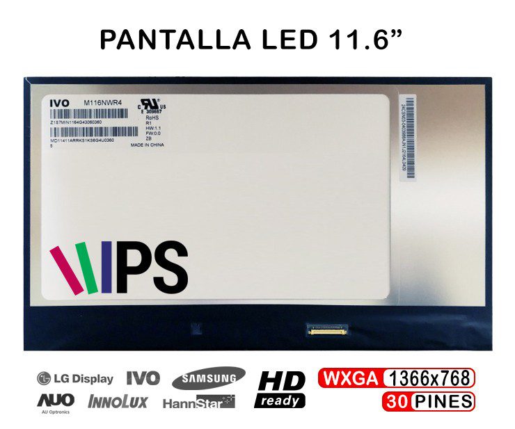Ecrã LED 11.6" IPS para Portátil Asus E203 E205 TP200 Series - 1366x768 30 Pinos - M116NWR4 R1
