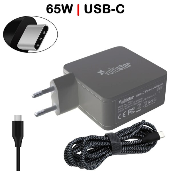Carregador USB-C Multitensão para Portátil 5V-20V 3.25A 65W PD/QC3.0 Preto Cabo Entrançado - Green Computer