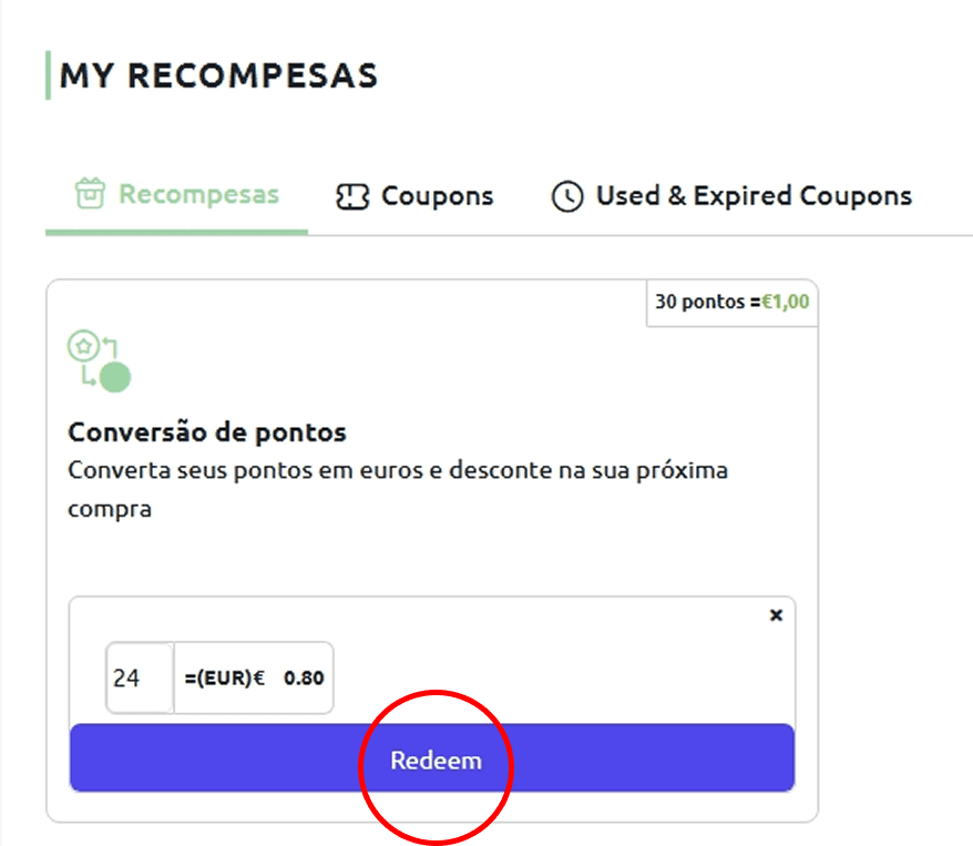 Janela com os pontos a converter e o valor do cupão