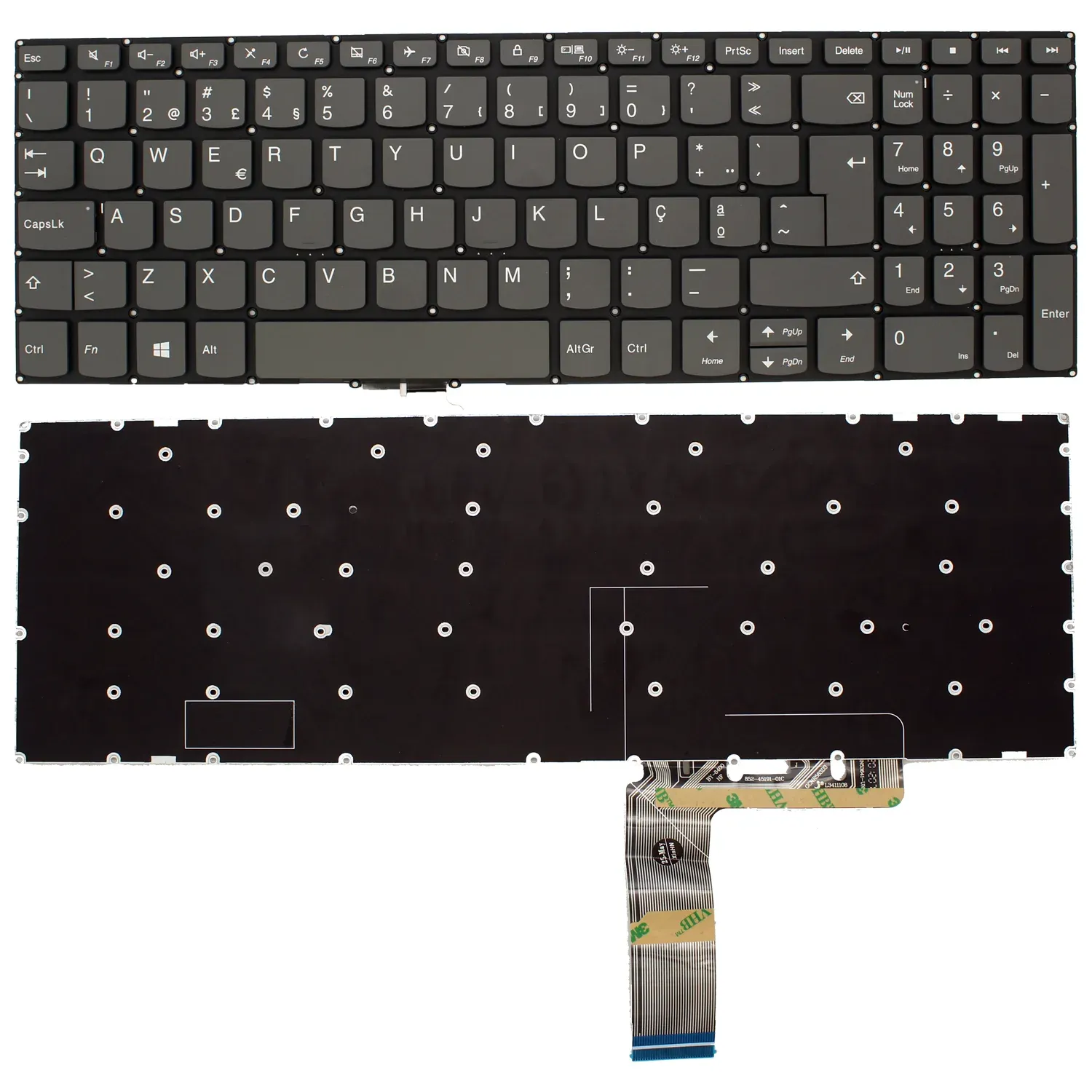 Teclado Português para Portátil Lenovo IdeaPad 320-15, 330-15, V130-15, S340-15 Series - Sem Moldura, Cinza, Sem Retroiluminação, Sem Botão Power