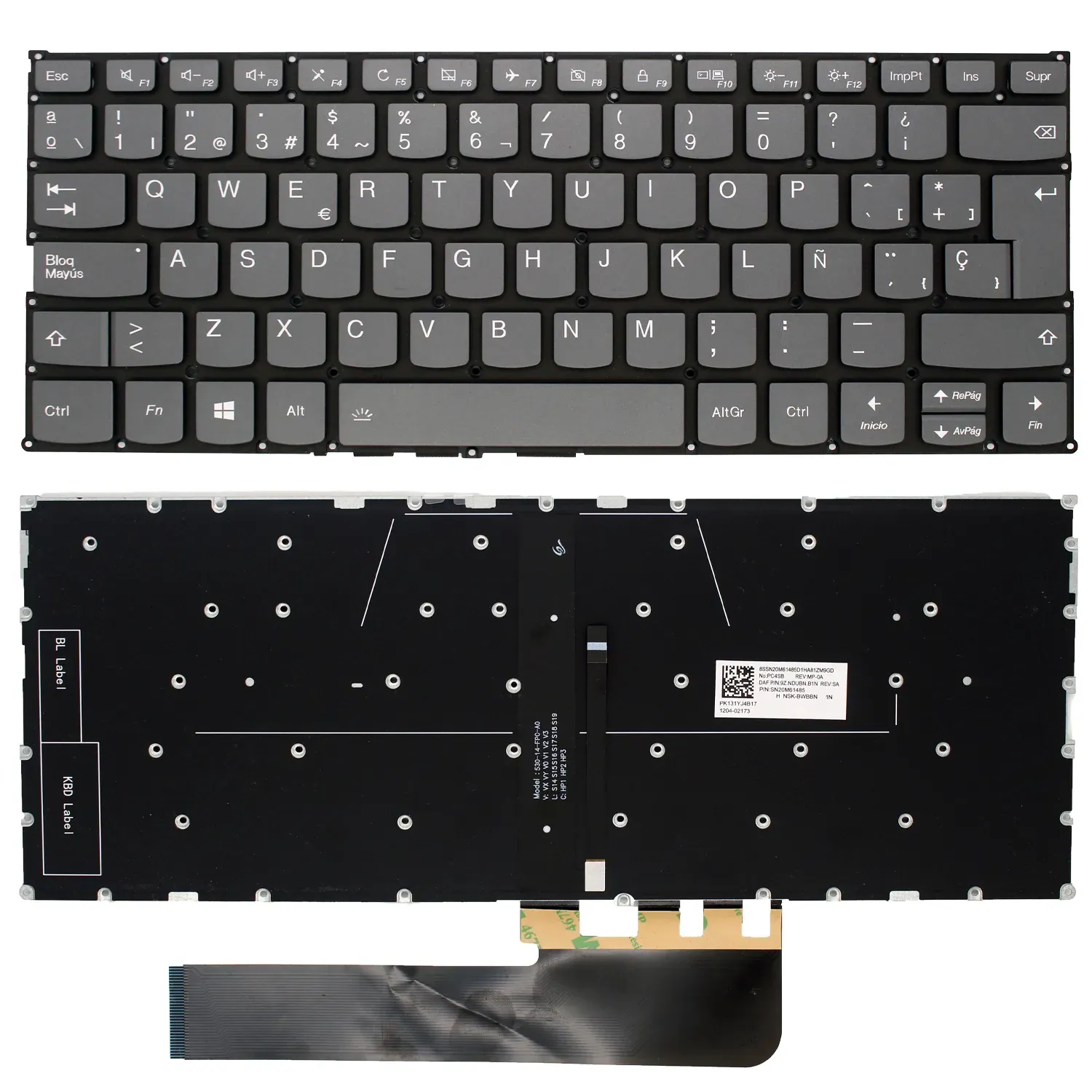 Teclado Retroiluminado Espanhol para Portátil Lenovo Flex 5-14 Series e IdeaPad S530-13 Series - Cinza com Estrutura