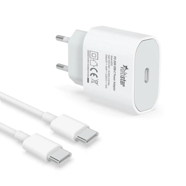 Carregador USB-C PD 20W 5V/3A 9V/2.22A Branco - Compatível com iPhone 16, Samsung Galaxy e Google Pixel