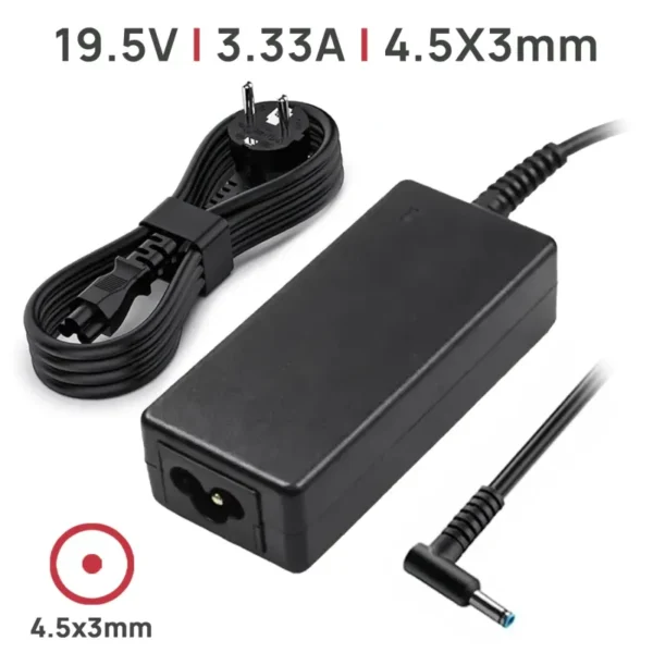 Carregador para Portátil HP 19.5V 3.33A 65W, Conector 4.5x3.0mm (Pino Central) - Compatível com Séries HP Pavilion, EliteBook, Envy