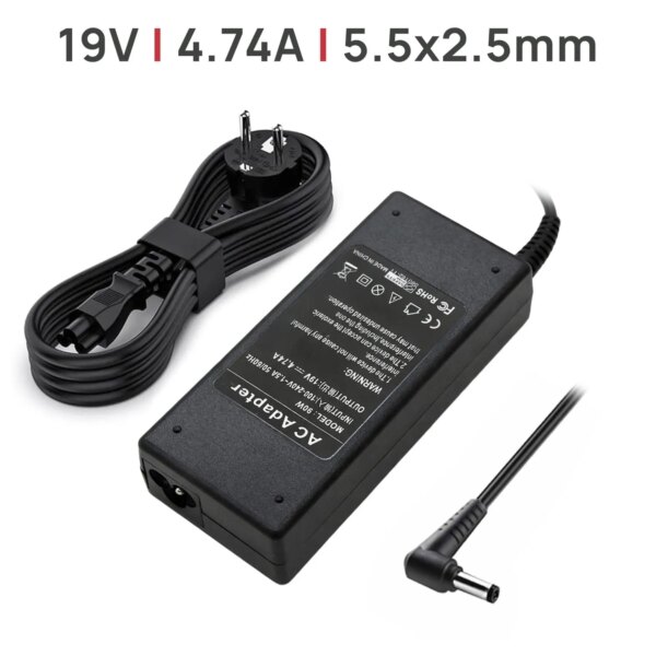 Carregador Portátil 19V 4.74A 90W 5.5x2.5mm Compatível ASUS, Toshiba, Fujitsu, Packard Bell, Lenovo