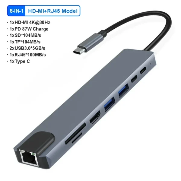 Hub USB-C 8 em 1 | HDMI 4K, USB 3.0/2.0, PD 100W, Ethernet, SD/Micro SD