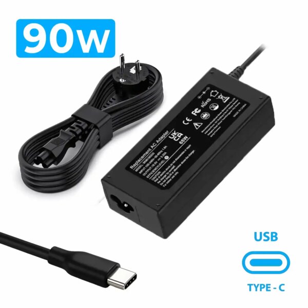 Carregador Portátil USB Tipo-C 90W Universal - Compatível Dell, Lenovo, HP, Apple, MSI