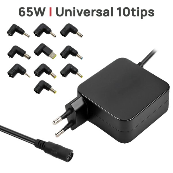 Carregador Universal de Parede Portátil 65W com 10 Conectores - Compatível com ASUS, Lenovo, HP, Dell, Samsung, Acer