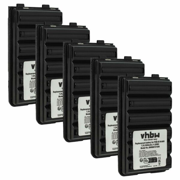 Bateria vhbw 1600 mAh 7.2V NiMH para Yaesu Vertex FNB-64H, FNB-57, FNB-64, FNB-83 (5 unidades)