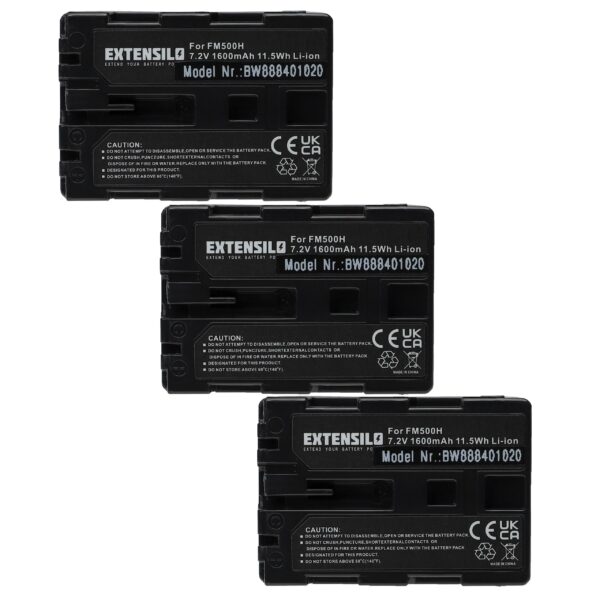 3x Bateria substitui Sony NP-FM500H - 1600mAh, 7.2V, Li-Ion EXTENSILO