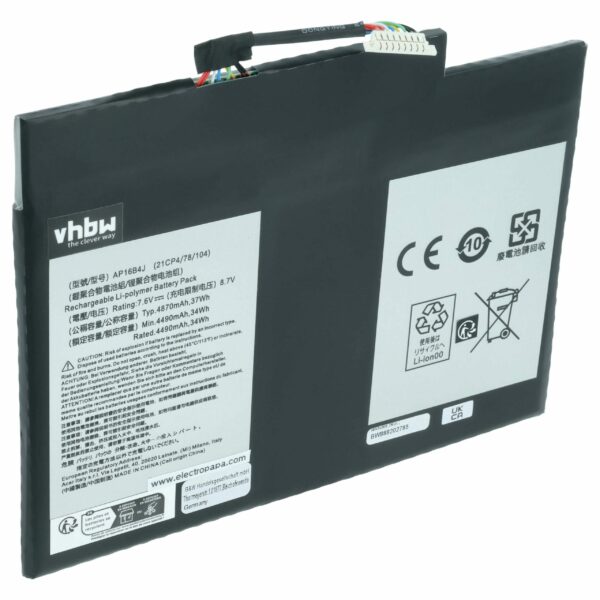 Bateria para Acer vhbw 4450 mAh 7.6 V - Substituição KT.00204.003, NT.LCDAA.014, AP16B4J, NT.LCDEK.002