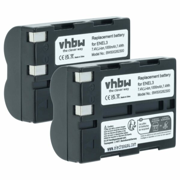2x Bateria para Nikon EN-EL3, EN-EL3a - 1000mAh, 7.2V, Li-Ion vhbw