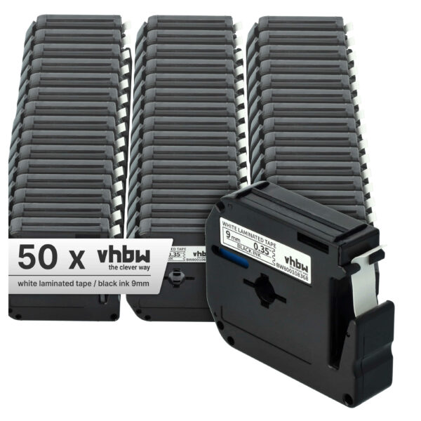 50x Fita de etiquetas vhbw substitui Brother M-K221 - 9 mm Preto para Branco