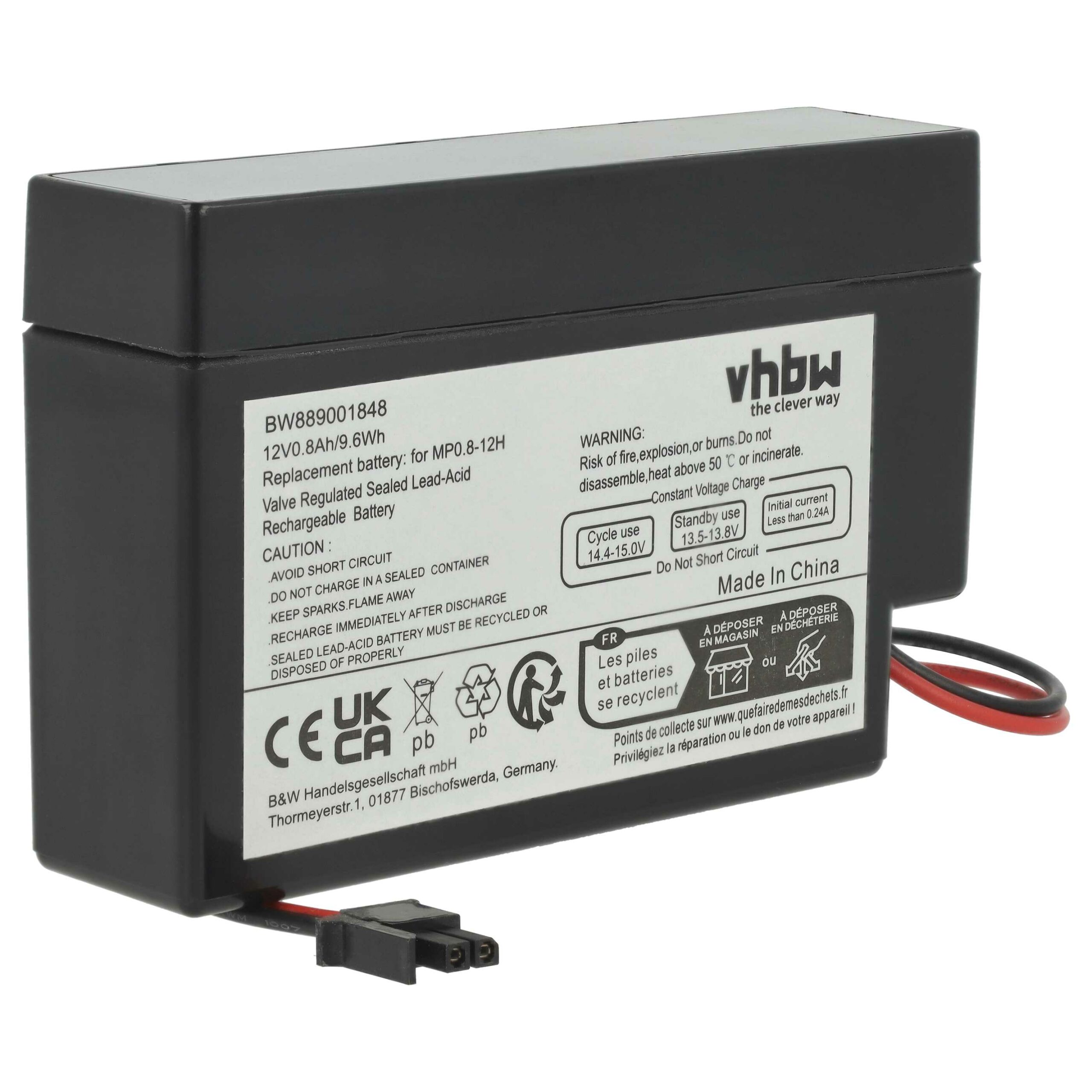 Bateria vhbw 12V 800mAh AGM com conector AMP (substituição MP0.8-12H) - Pack 4 unidades - Image 3