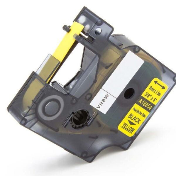 Fita de Etiquetas compatível com Dymo 18054 - Preto sobre Amarelo, Tubo Termorretrátil, 9 mm
