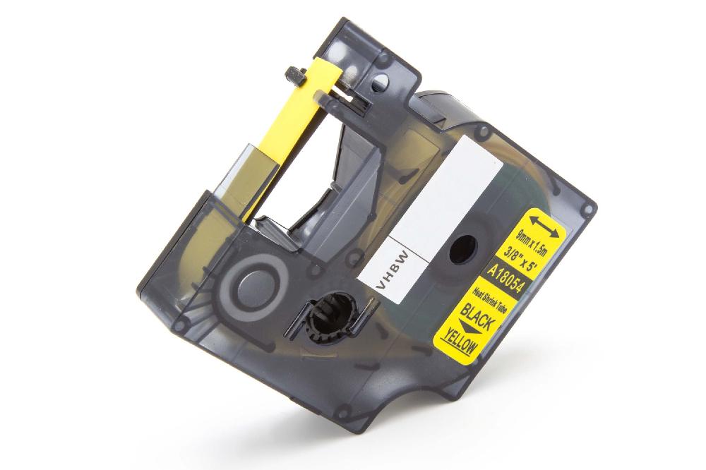 Fita de Etiquetas compatível com Dymo 18054 - Preto sobre Amarelo, Tubo Termorretrátil, 9 mm