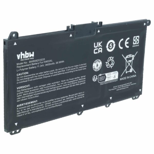 Bateria vhbw para portátil HP 3400 mAh 11.34 V Li-polímero