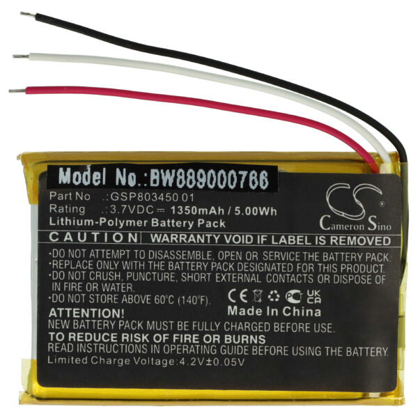 Bateria de Substituição vhbw para Estação de Carga JBL GSP803450 01 - 1350 mAh 3.7 V Li-polímero