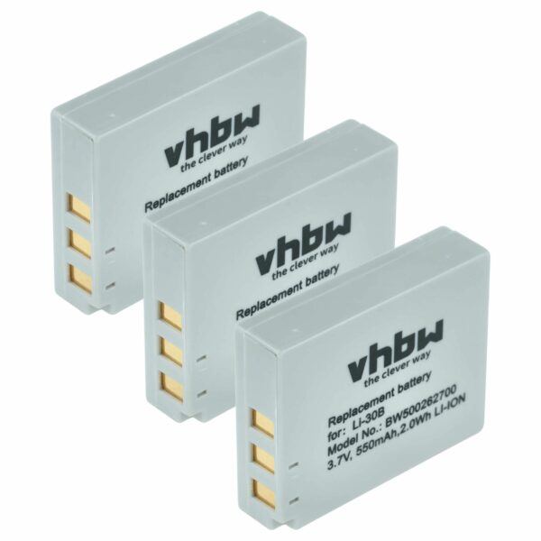 3x Bateria vhbw Li-Ion Li-30B compatível com Olympus - 550mAh, 3.7V