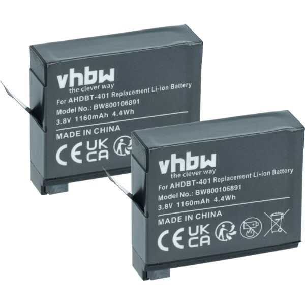 2x Baterias vhbw para GoPro Hero 4 (1160 mAh, 3.7 V, Li-Ion)