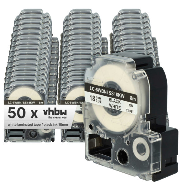 Pack 50x Fita de Etiquetas vhbw compatível com Epson LC-5WBN - 18 mm Preto sobre Branco