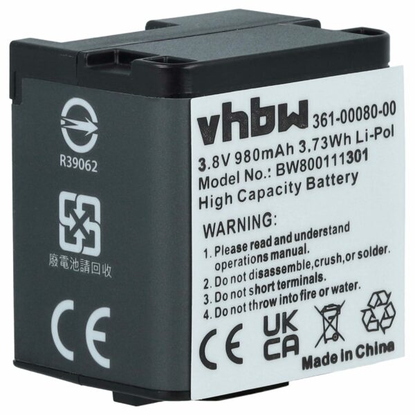 Bateria para Câmara Garmin - vhbw 980 mAh 3.8V Li-polymer (010-01363-10, 010-12256-01, 361-00080-00)