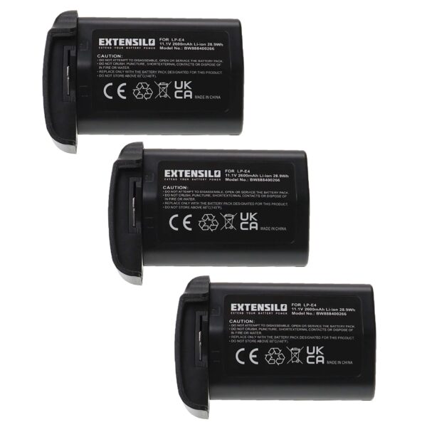 Pack 3x Bateria EXTENSILO LP-E4N LP-E4 para Canon - 2600mAh 11.1V Li-Ion