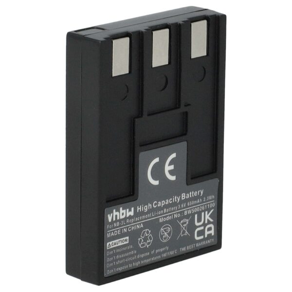 Bateria vhbw substitui Canon NB-3L - 650mAh, 3.6V, Li-Ion