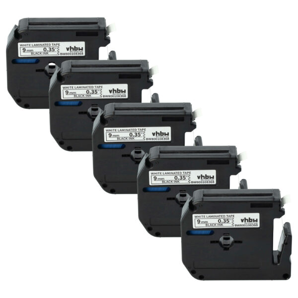 5x Fita de Etiquetas vhbw substitui Brother M-K221 - 9 mm Preto sobre Branco