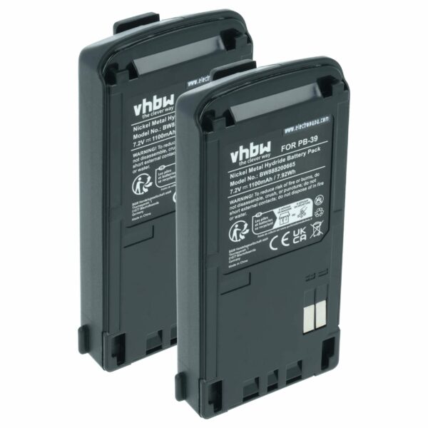 Bateria vhbw 2x para Rádio Kenwood PB-39H, PB-39, PB-38 - 1100 mAh 7.2 V NiMH com Clip de Cinto