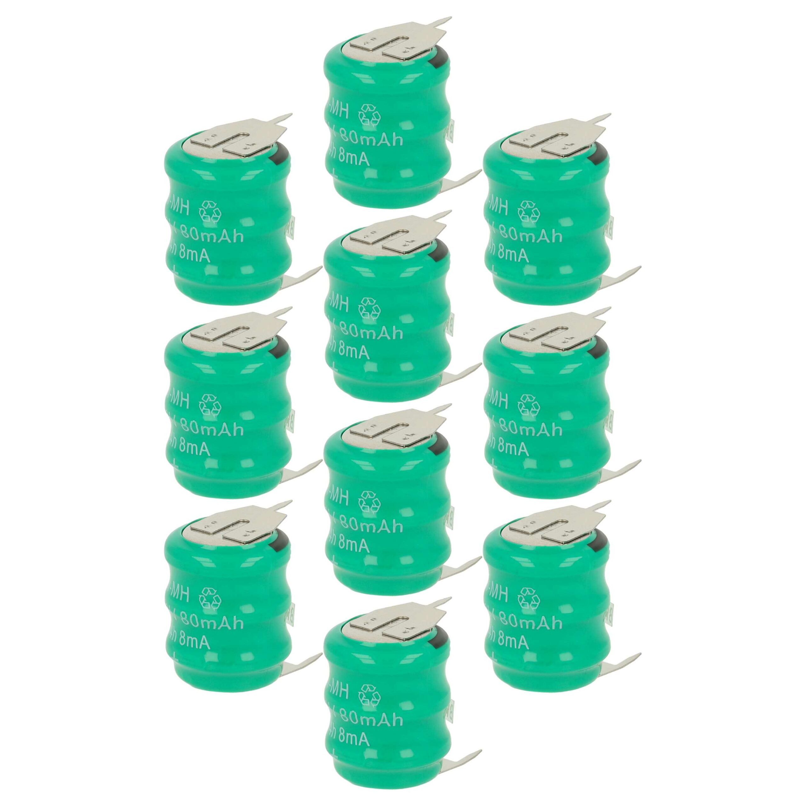 10x Bateria Botão vhbw Tipo V80H 3 Pinos para Modelismo e Lâmpadas Solares - 80 mAh 3,6 V NiMH